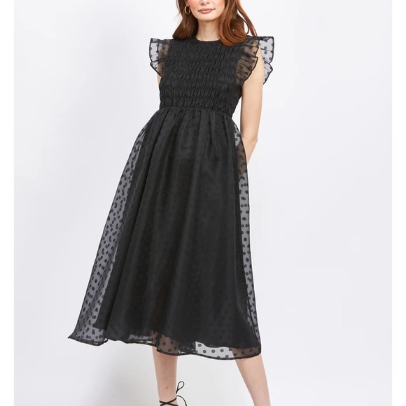 En Saison Black Ruched Smocked Midi Dress - Picture 2 of 8